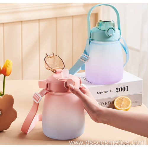 Detachable strap design Popular cute portable reusable plastic water bottle with straw